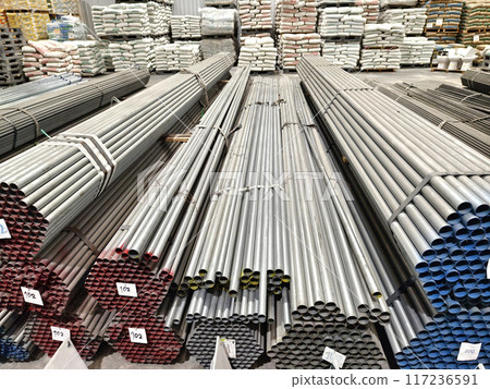 A big warehouse packed with numerous metallic nets and profile 117236591
