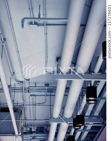 Ceiling with ventilation pipes and lights in industrial building 117236601