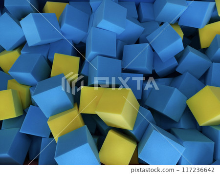 A large collection of foam blocks in various shades of blue and yellow 117236642