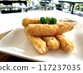 A close-up photo of a plate with fried mozzarella sticks. 117237035