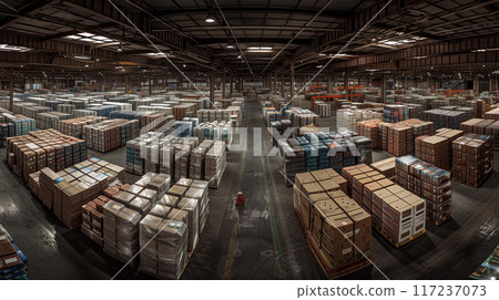 A Japanese logistics warehouse and organized pallets A Japanese logistics warehouse and organized pallets 117237073