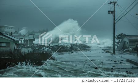 暴風雨中的日本沿海村莊 117237136