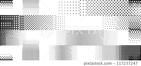 Bitmap pixelated striped pattern. Glitched halftone grunge texture. Dithered noise stripe overlay. Dotted gradient wallpaper for banner, poster, flyer, print, brochure. Vector rasterized background 117237247