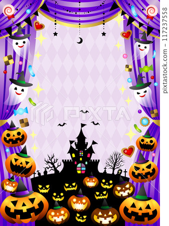 萬聖節，插畫，背景，鬼，南瓜，可愛，劇院，窗簾，紫色，垂直 117237558