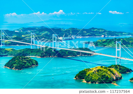 Ehime Shimanami Kaido - View of the Kurushima Kaikyo Bridge from Kirosan Observatory Park - 117237564