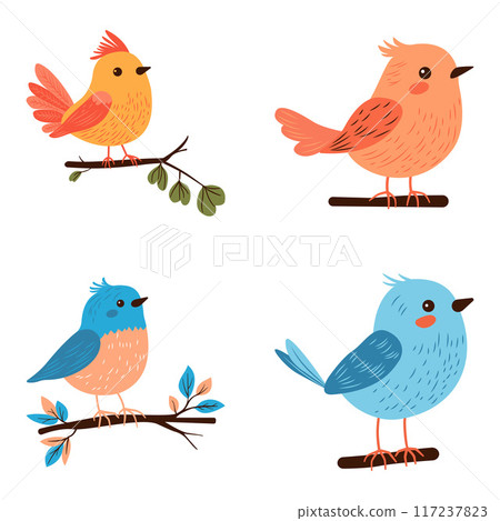 Collection of Colorful Cute Bird Animal Cartoon Perched on a Tree Branch 117237823