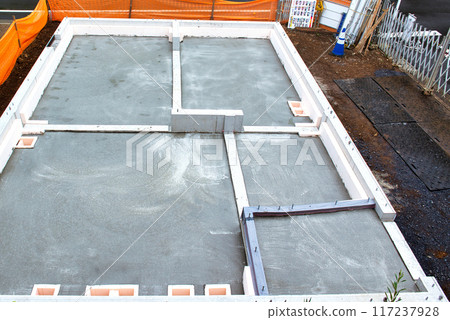 Foundation work for a detached house: concrete landscape Foundation work for a detached house: concrete landscape 117237928