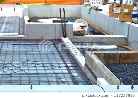 Foundation work for a detached house: concrete landscape 117237936