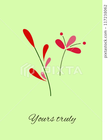 Gift tag, greeting card. Delicate flowers with the inscription Yours truly, isolated on green background. Red flowers in flat style. Gift tag, greeting card. Delicate flowers with the inscription Yours truly, isolated on green background. Red flowers in flat style. 117238062
