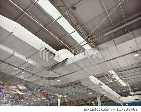 Ceiling with ventilation pipes and lights in industrial building Ceiling with ventilation pipes and lights in industrial building 117238462