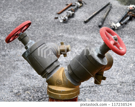 A detailed view of a fire hydrant with vibrant red handles 117238524
