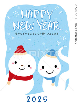 Snowman and snake character 2025 New Year's card / vertical 01, light blue 117238535
