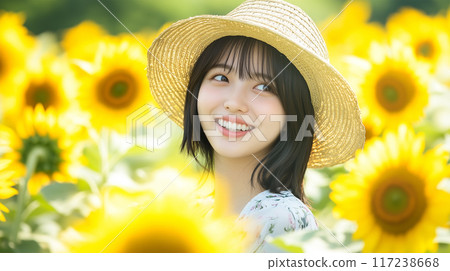 Japanese model among sunflowers 117238668