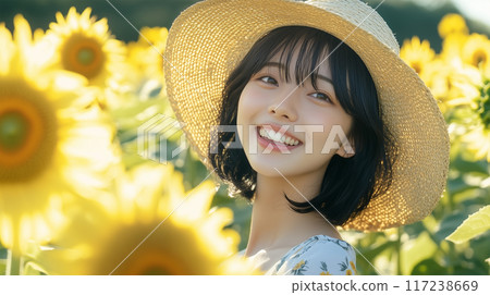 Japanese model among sunflowers 117238669