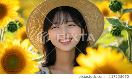 Japanese model among sunflowers 117238670