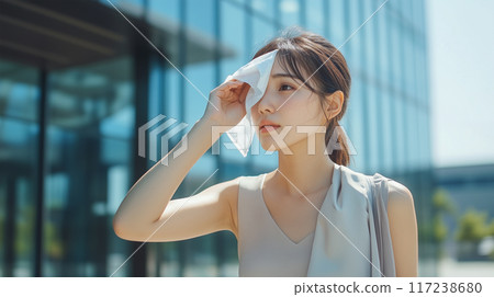 A woman cooling off in an office district in summer 117238680