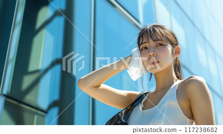 A woman cooling off in an office district in summer A woman cooling off in an office district in summer 117238682