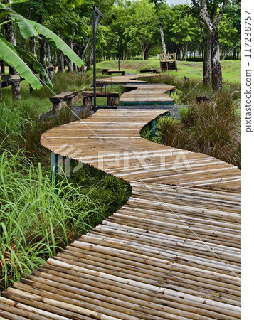 A wooden walkway in a park surrounded by trees and grass near a watercourse 117238757