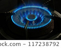 Gas stove burner with open blue flame in close up 117238792