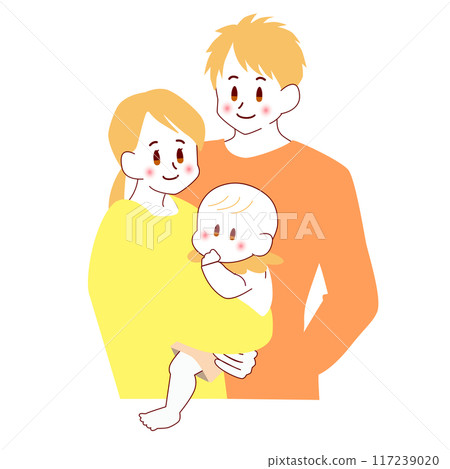 Color illustration of a young couple holding a baby 117239020