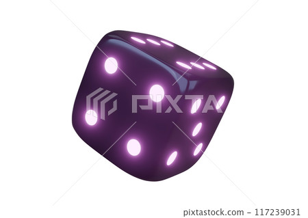 Casino gambling game dice. Iridescent dice with neon colors. Purple dice. 3d render Casino gambling game dice. Iridescent dice with neon colors. Purple dice. 3d render 117239031