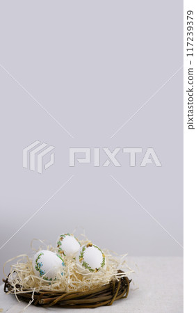 Embroidery on eggshells Collection of colourful hand painted decorated easter eggs on white background cutout file. Pattern and floral set. Many different design. Mockup template for artwork design 117239379