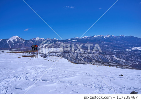 Winter in Nagano Prefecture: View of the east side from the Sky Terrace on the summit of Mt. Kurumayama (Mt. Tateshina, Mt. Kitayokodake, Mt. Tengu, Mt. Yatsugatake, etc.) 117239467