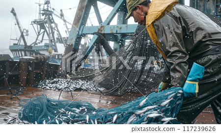 Fisherman and a big catch of fish Fisherman and a big catch of fish 117239626