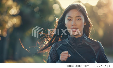 Young Japanese woman jogging in the park 117239644