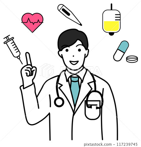Smiling male doctor pointing and medical icon 117239745