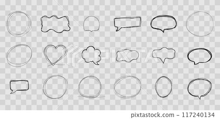 Speech bubble frame scribble fast hand drawing, pent or marker drawing. Comic sketch border, highlight. Cloud, heart, circle bubble chat, text box. 117240134