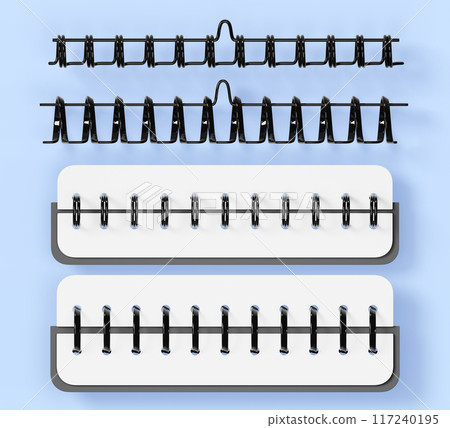 Notebook spirals mockup 3d render icon set. Realistic wire metal ring bindings and springs for calendar, notepad, diary, document cover or booklet sheets isolated on blue background. 3D illustration 117240195