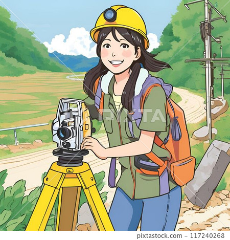 A woman is surveying land using a total station 117240268