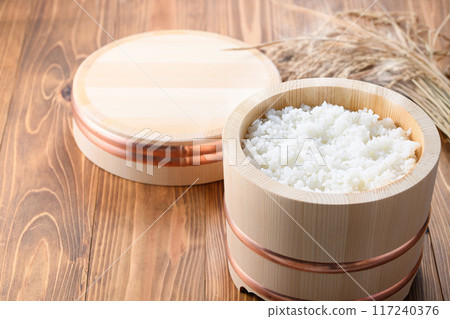 Freshly cooked rice in a rice cooker Freshly cooked rice in a rice cooker 117240376