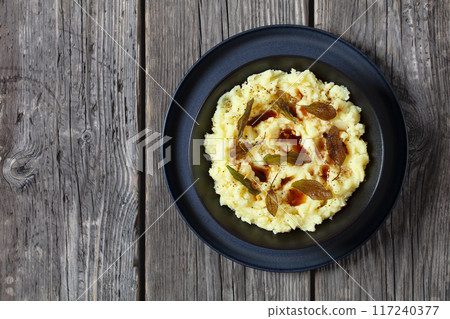 Brown Butter Potato Mash with fried sage leaves Brown Butter Potato Mash with fried sage leaves 117240377