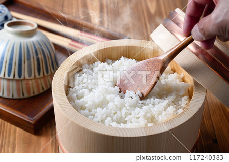 Freshly cooked rice in a rice cooker 117240383