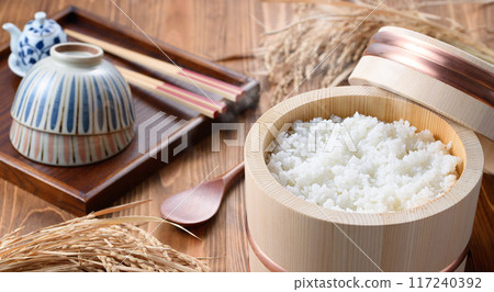Freshly cooked rice in a rice cooker 117240392