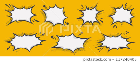 Manga speech bubble. Comic text frame with pop art halftone dotted effect. Balloon chat shape for dialog. Vector cloud for shock shout and scream action messages. Irregular cartoon decoration Manga speech bubble. Comic text frame with pop art halftone dotted effect. Balloon chat shape for dialog. Vector cloud for shock shout and scream action messages. Irregular cartoon decoration 117240403