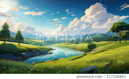 Landscape material C of a hilly area covered with lush green grass 117240863