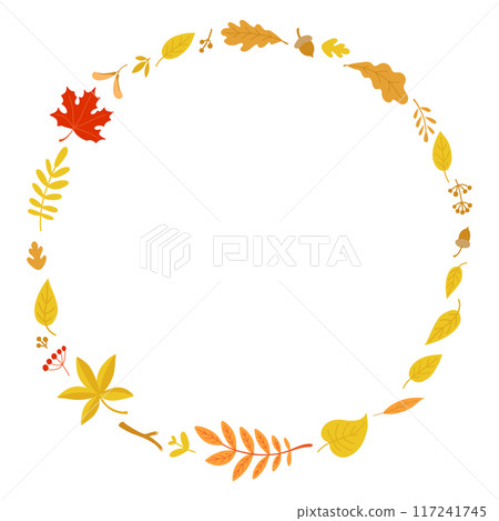Autumn round thin frame with seasonal leaves and acorns. Flat color vector illustration isolated on white background. 117241745