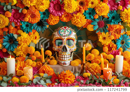 Vibrant Day of the Dead altar adorned with marigolds, candles, and a decorated sugar skull, celebrating Mexican tradition 117241799