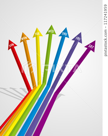 彩虹色資訊圖，有 7 個三維箭頭，呈扇形展開，一周，向量圖 117241959