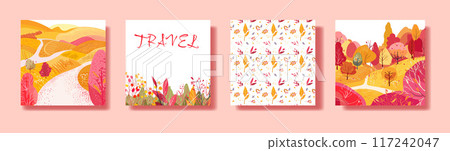 Set square poster with places for travel Hand drawn. Autumn forest, fields on the hills. Seamless pattern for textiles or wrapping paper. Postcard or wallpapers. Vector 117242047