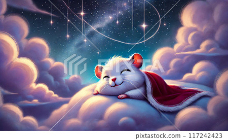 Fantastic illustration of a hamster pup sleeping on a cloud under the starry sky 117242423