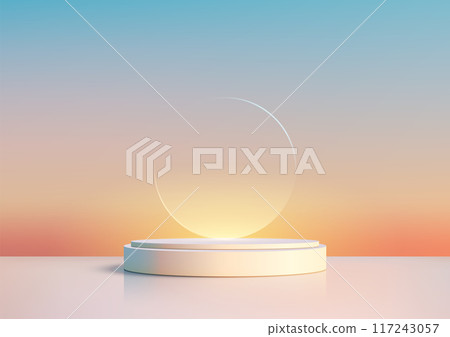 Twilight Blue Sky Background with 3D White Podium and Glowing Circle Glass Backdrop for Nature Concept Product Display and Mockup 117243057