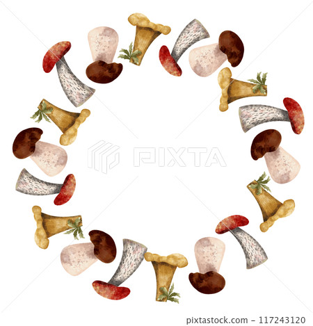 Watercolor forest mushrooms round wreath Watercolor forest mushrooms round wreath 117243120