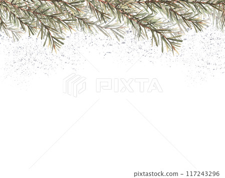 Spruce, fir branch with needles banner. It is snowing in winter. Christmas fir tree twig watercolor hand drawn illustration. Xmas or New year festive greeting card template on isolated background. Spruce, fir branch with needles banner. It is snowing in winter. Christmas fir tree twig watercolor hand drawn illustration. Xmas or New year festive greeting card template on isolated background. 117243296
