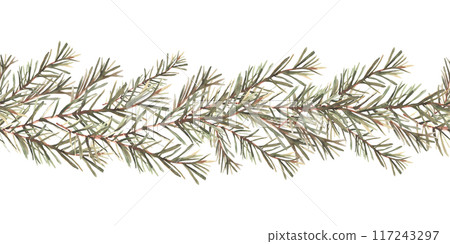 Pine or fir tree branches seamless border, pattern. Spruce evergreen with needles. Winter forest watercolor Christmas tree twig painted illustration for fabric, wrapping paper on isolated background Pine or fir tree branches seamless border, pattern. Spruce evergreen with needles. Winter forest watercolor Christmas tree twig painted illustration for fabric, wrapping paper on isolated background 117243297