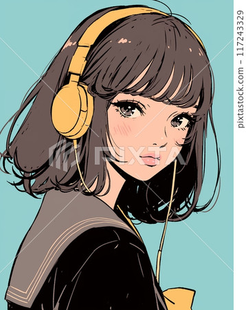 girl listening to music with headphones girl listening to music with headphones 117243329