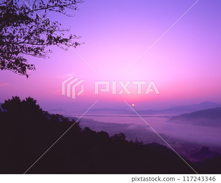 Amanohashidate, one of the "Three Most Scenic Views of Japan", with its Ichijikan view, fantastic sea of clouds at sunrise and the moon at dawn / From Itanamitenbodai Observatory 117243346